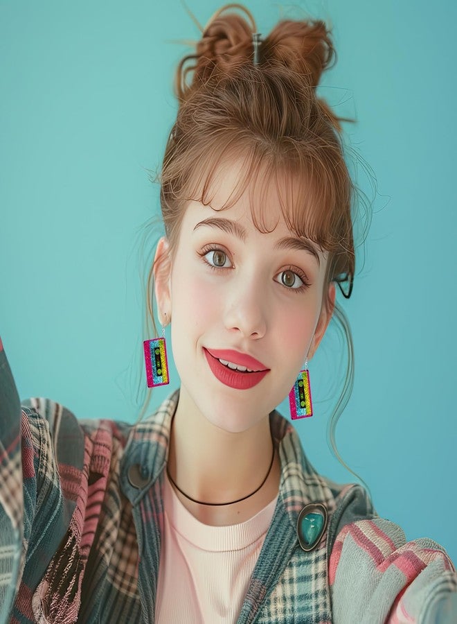 Mintolex 70s 80s 90s Earrings for Women Retro Cassette Tape Earrings Acrylic Radio Tape Drop Dangle Earrings for Cosplay Glow Party Music Festival 70s 80s 90s Accessories, Sparkly Back to 90S Tape - Image 2